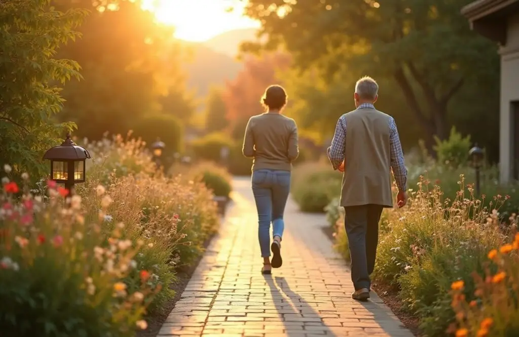 Outdoor path lined with greenery at a residential treatment center, with a person softly blurred in the background