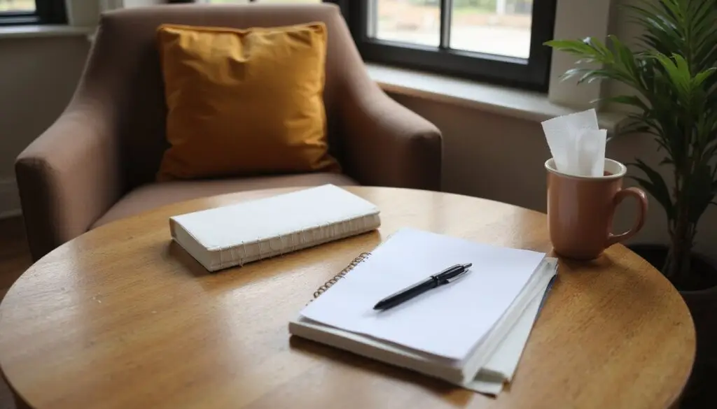 Pen resting on a notebook in a quiet, neutral workspace