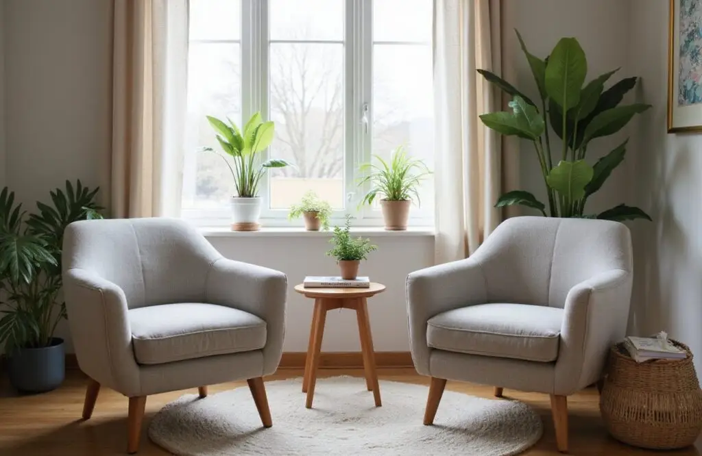Serene therapy room interior with balanced light and uncluttered decor
