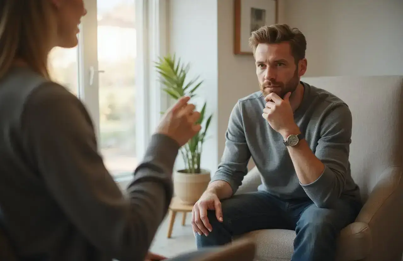Adult client sitting quietly in a residential therapy room, appearing thoughtful in soft natural daylight