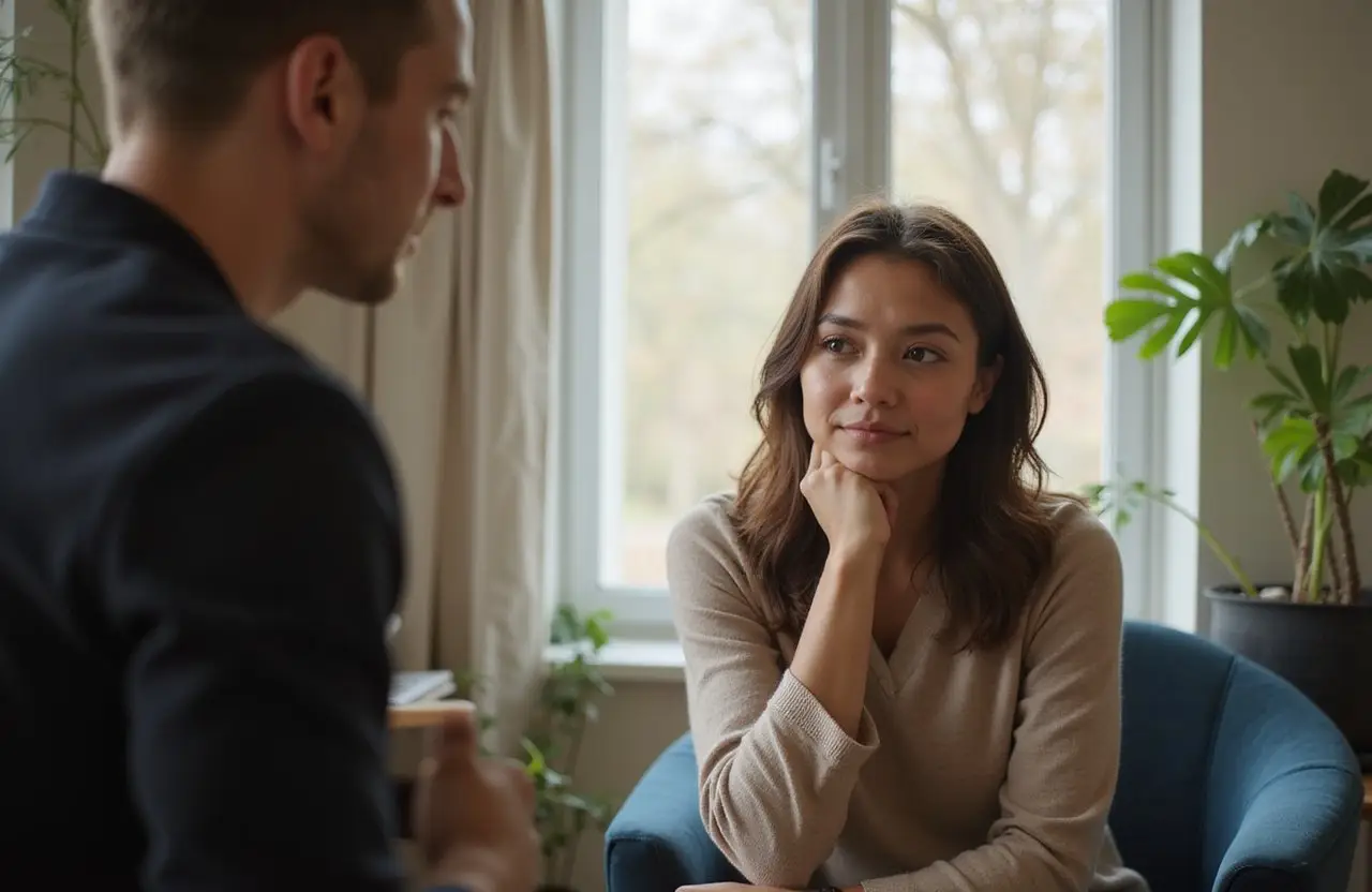 Adult client reflecting during a therapy session in a quiet residential counseling room