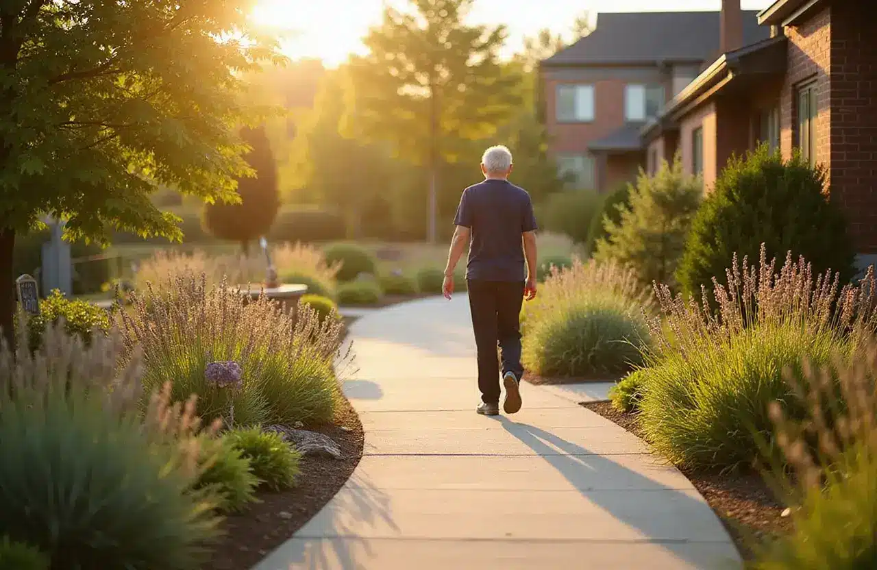 Garden walkway at a residential rehab center with flowers and native plants in warm evening light