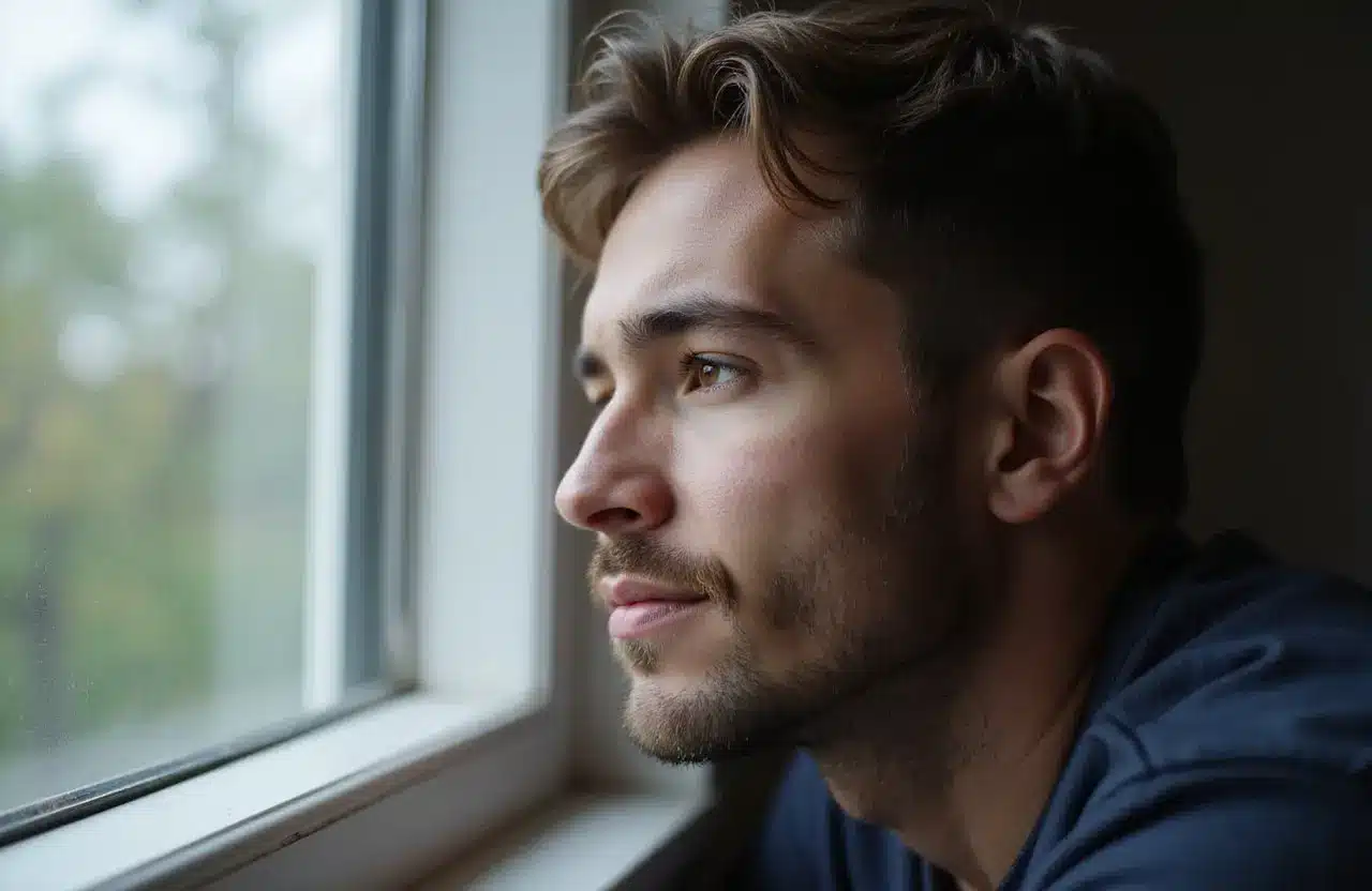 Serene side-profile portrait of a person near a window, softly illuminated, with a quiet, restful mood.