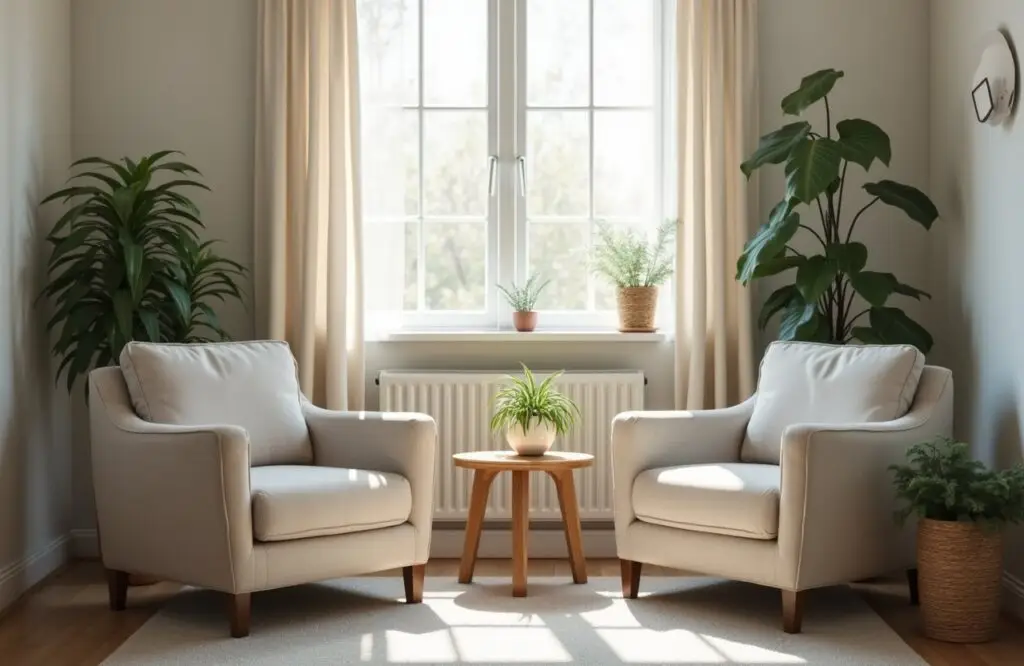 Simple therapy room with facing armchairs and natural light through a window