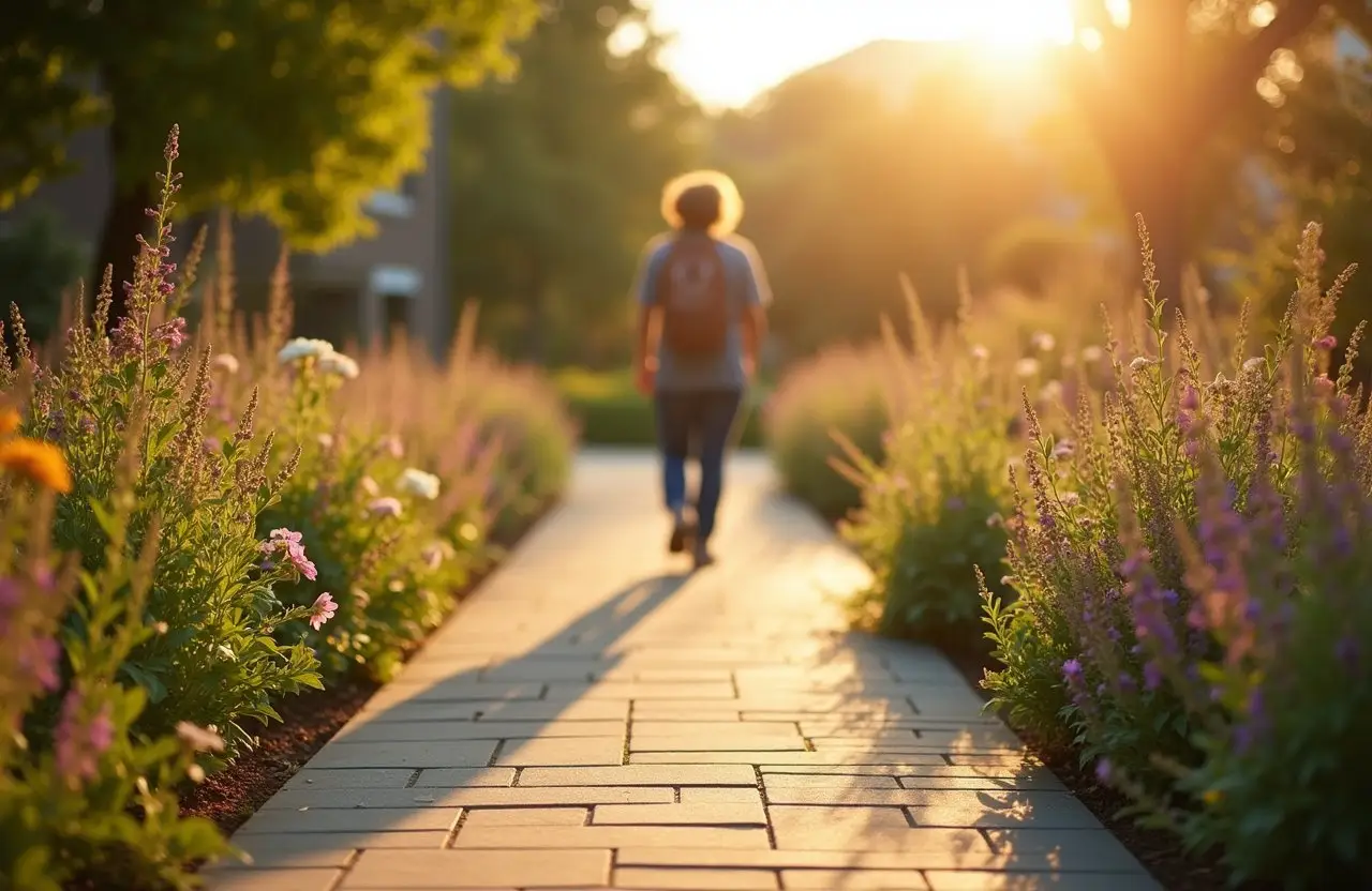 Person walking slowly along a garden path at a residential treatment center, intentionally out of focus