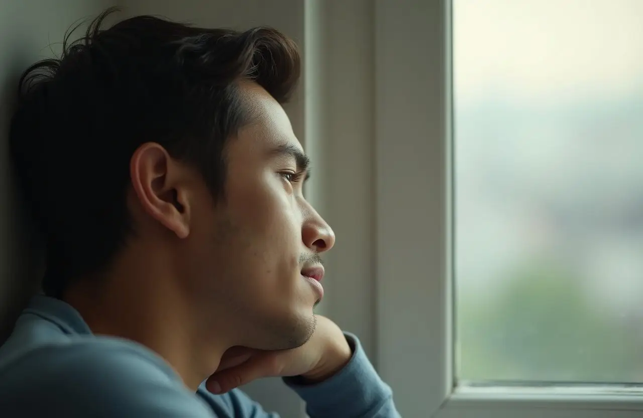 Close-up side view of a person by a window, gently lit, showing only the head and shoulders with a calm, relaxed expression.