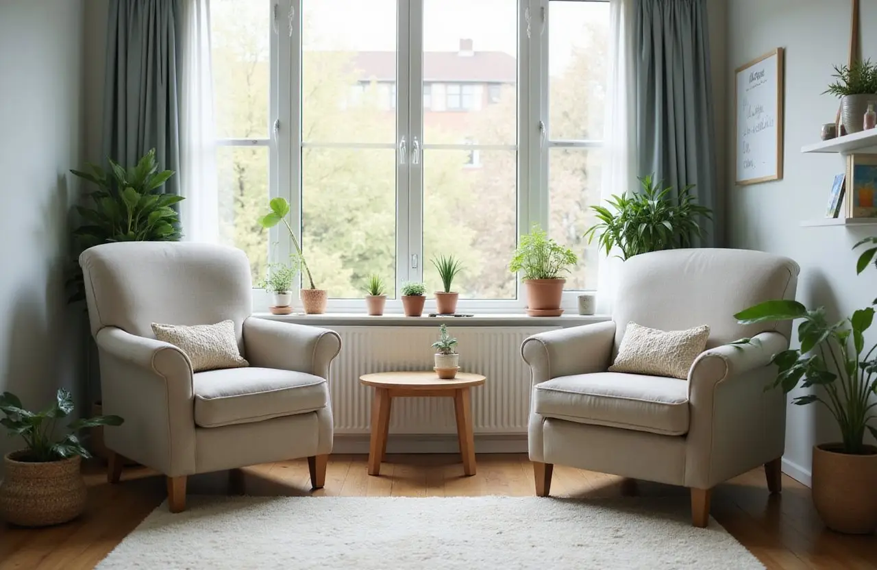 Cozy counseling space with soft window light, indoor plants, and neutral colors