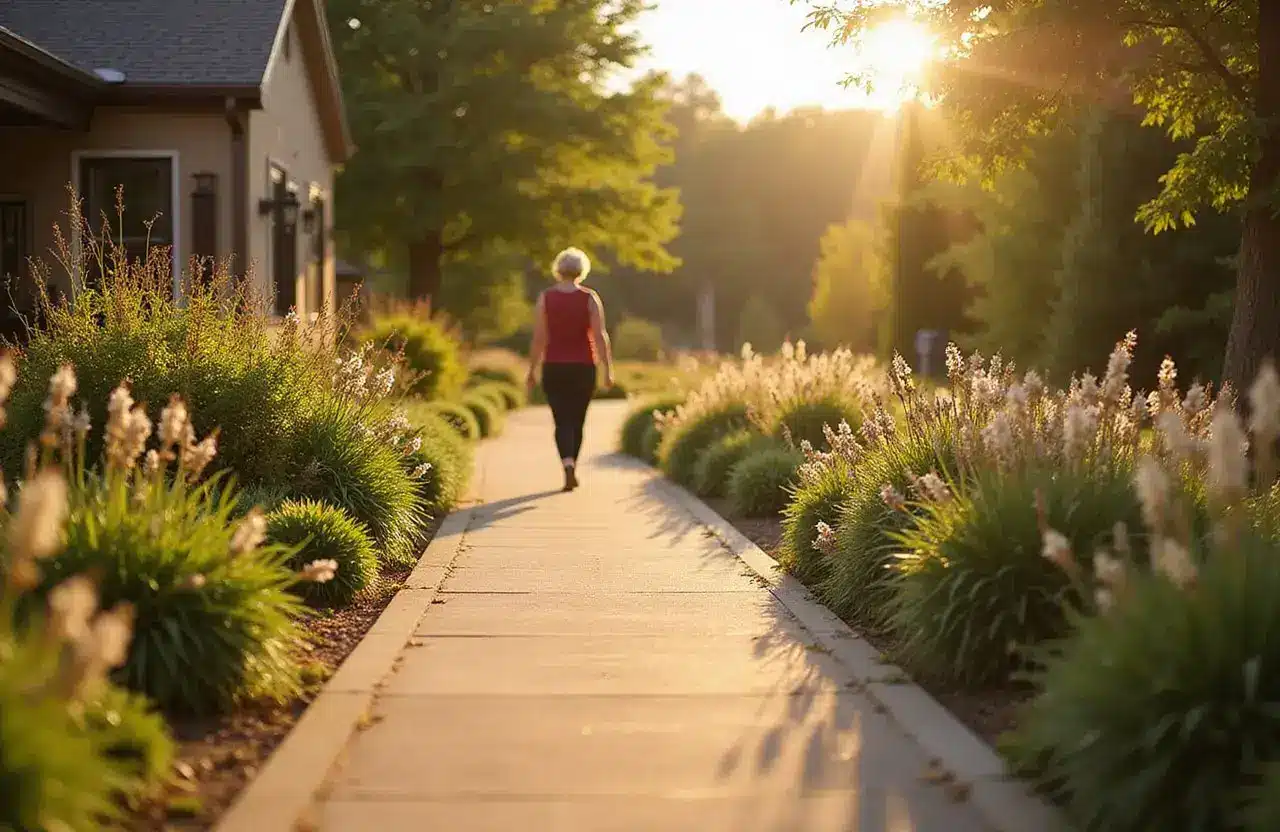 Calm garden path at a residential facility, suggesting quiet movement and reflection