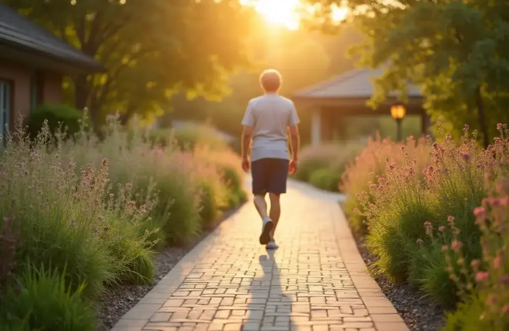 Serene walkway through a landscaped garden at a residential treatment center