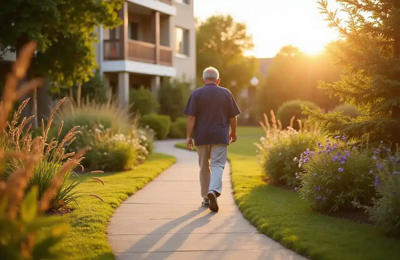 Tranquil outdoor walkway at a residential treatment facility with warm evening light