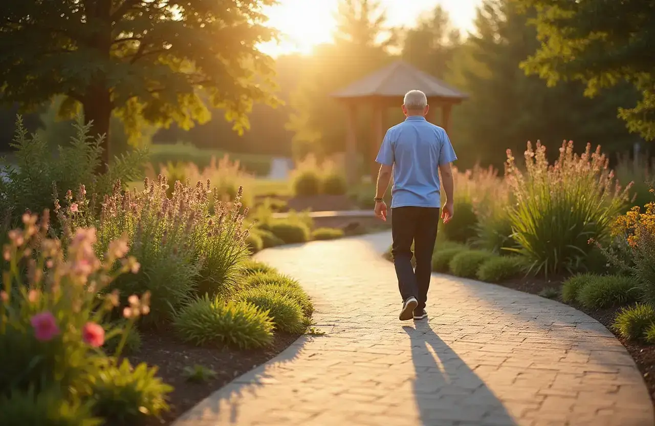 Residential rehab garden path with flowers and subtle human presence in the background