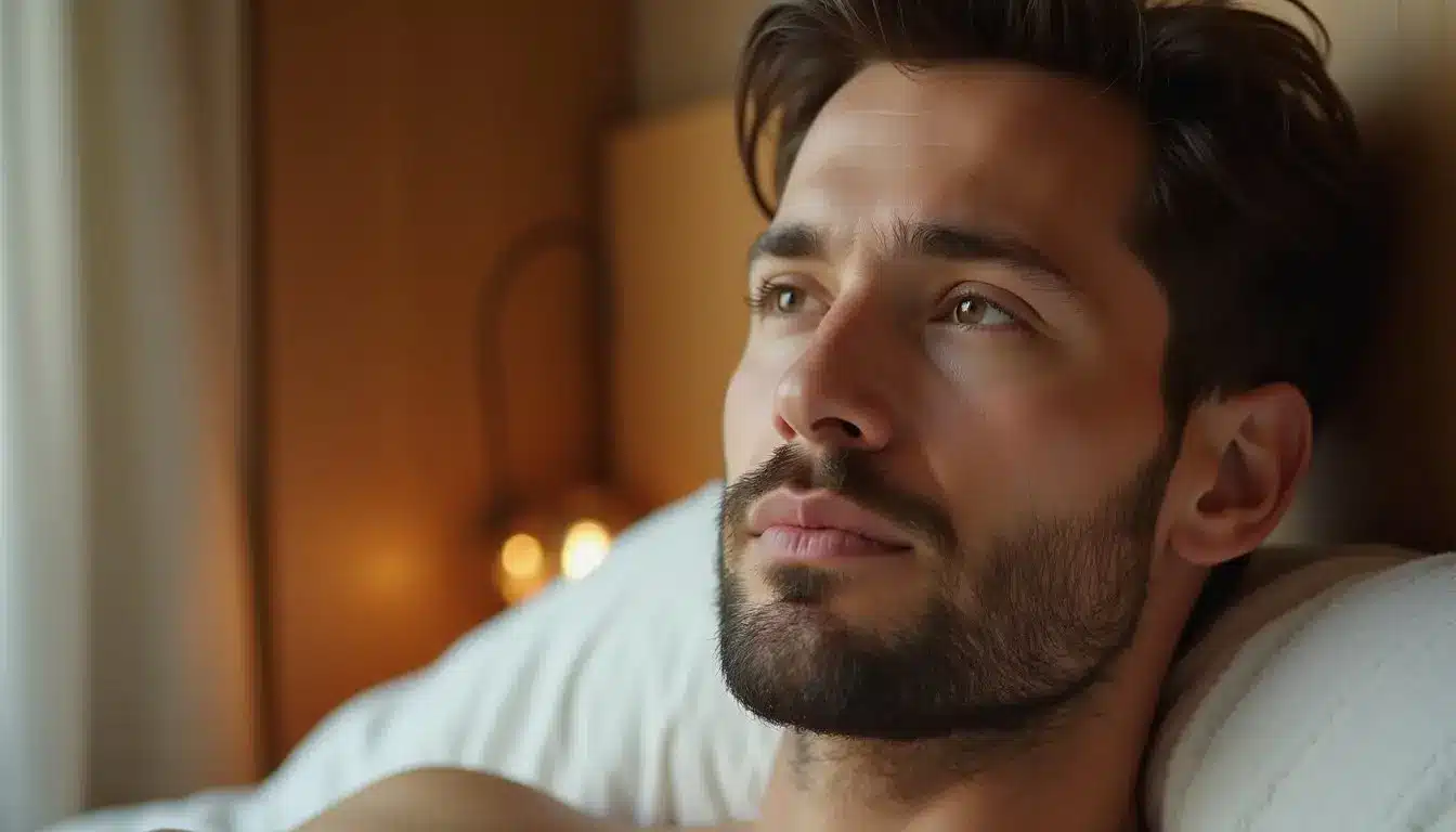 Adult man with a relaxed expression in a warm, residential setting