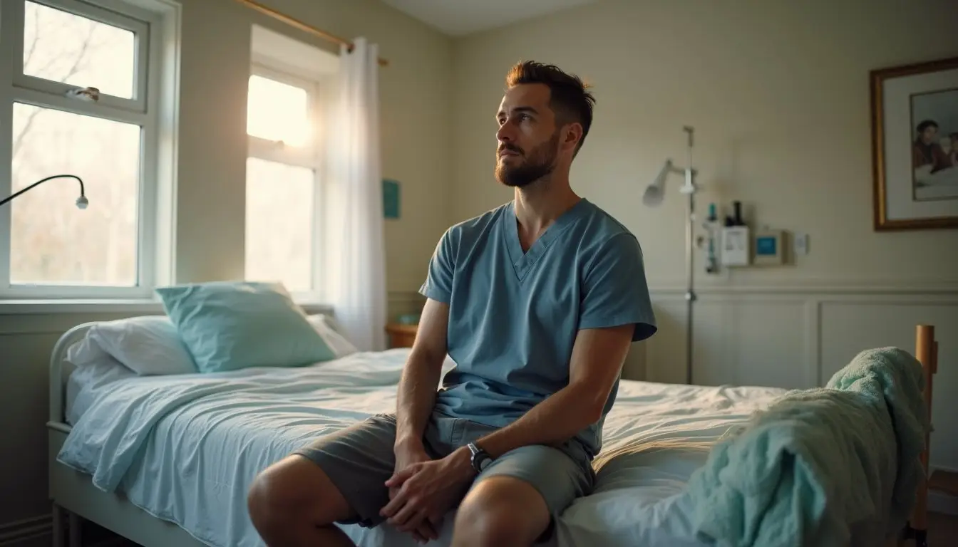 A man sitting on bed thinking about something