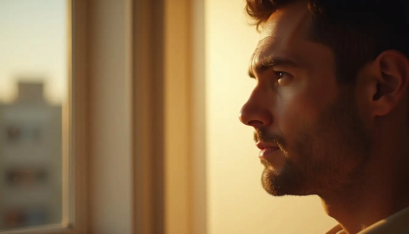 Man standing by a window in a quiet, reflective indoor space