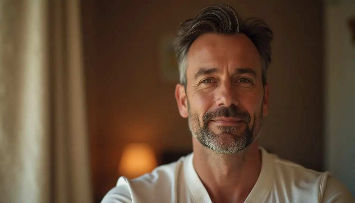 Portrait of an adult man in warm natural light indoors