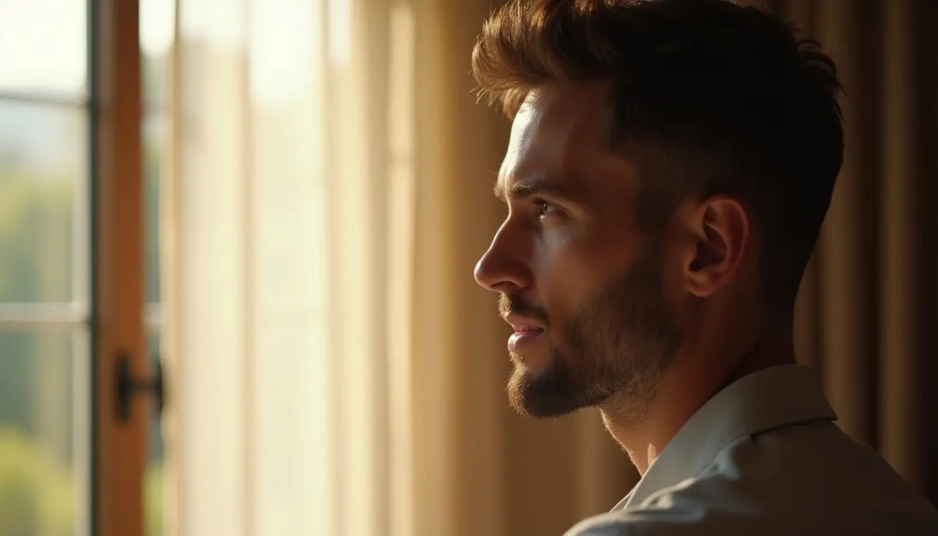 Close-up of a man in profile with sunlight highlighting his face