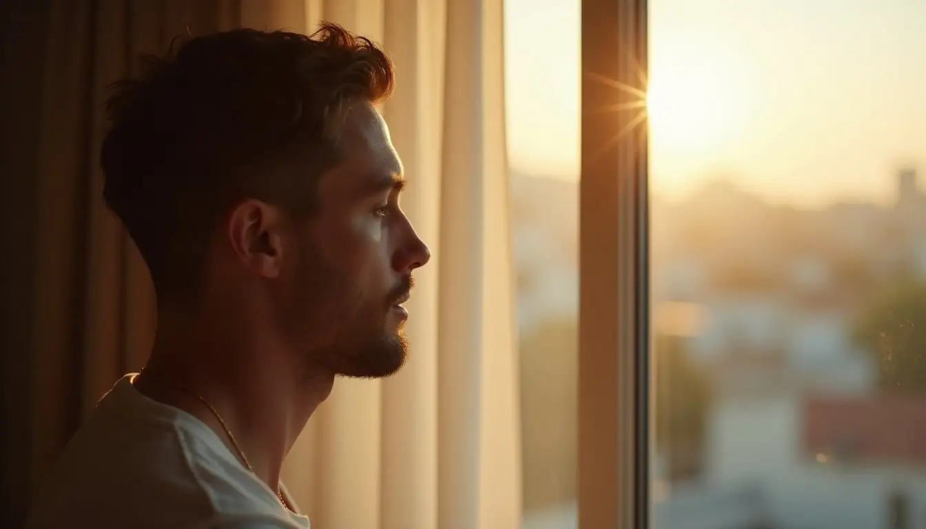 Side profile of a man looking out a window in soft natural light