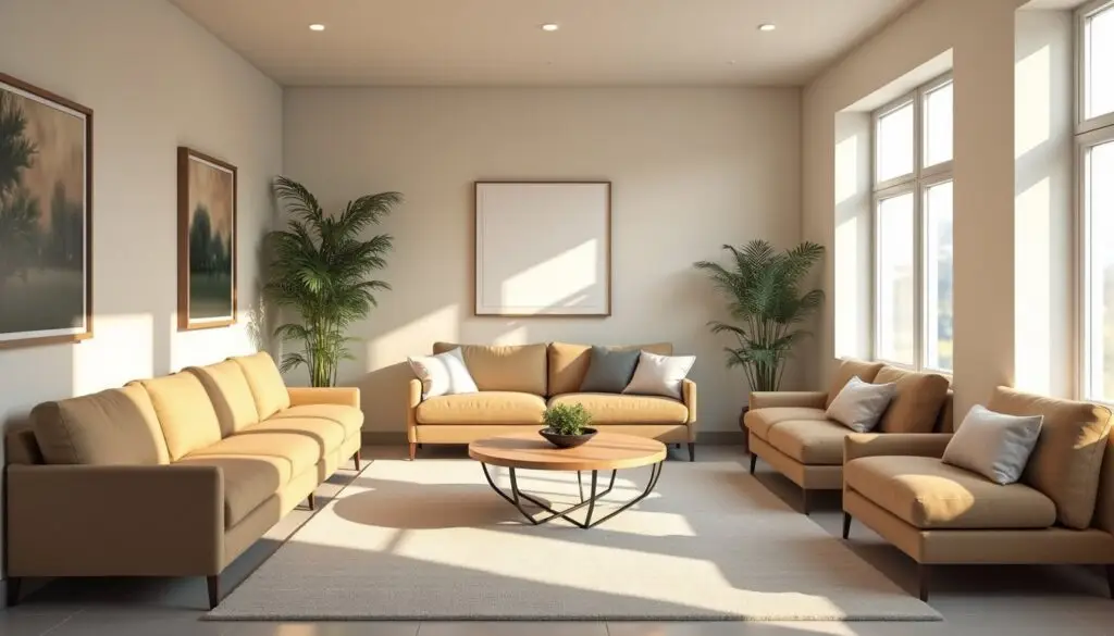 Wide interior view of a residential inpatient treatment facility lounge