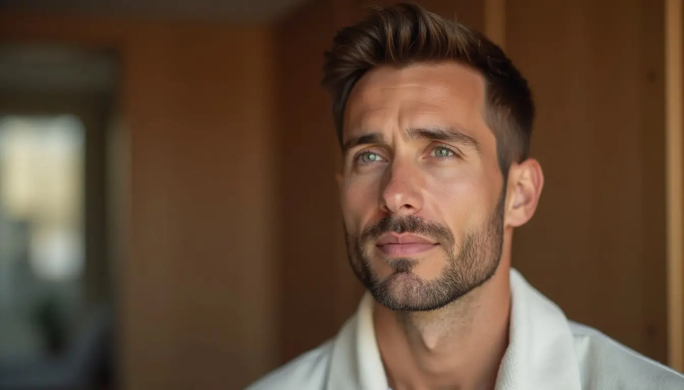 Close-up portrait of an adult man in a quiet, supportive indoor space