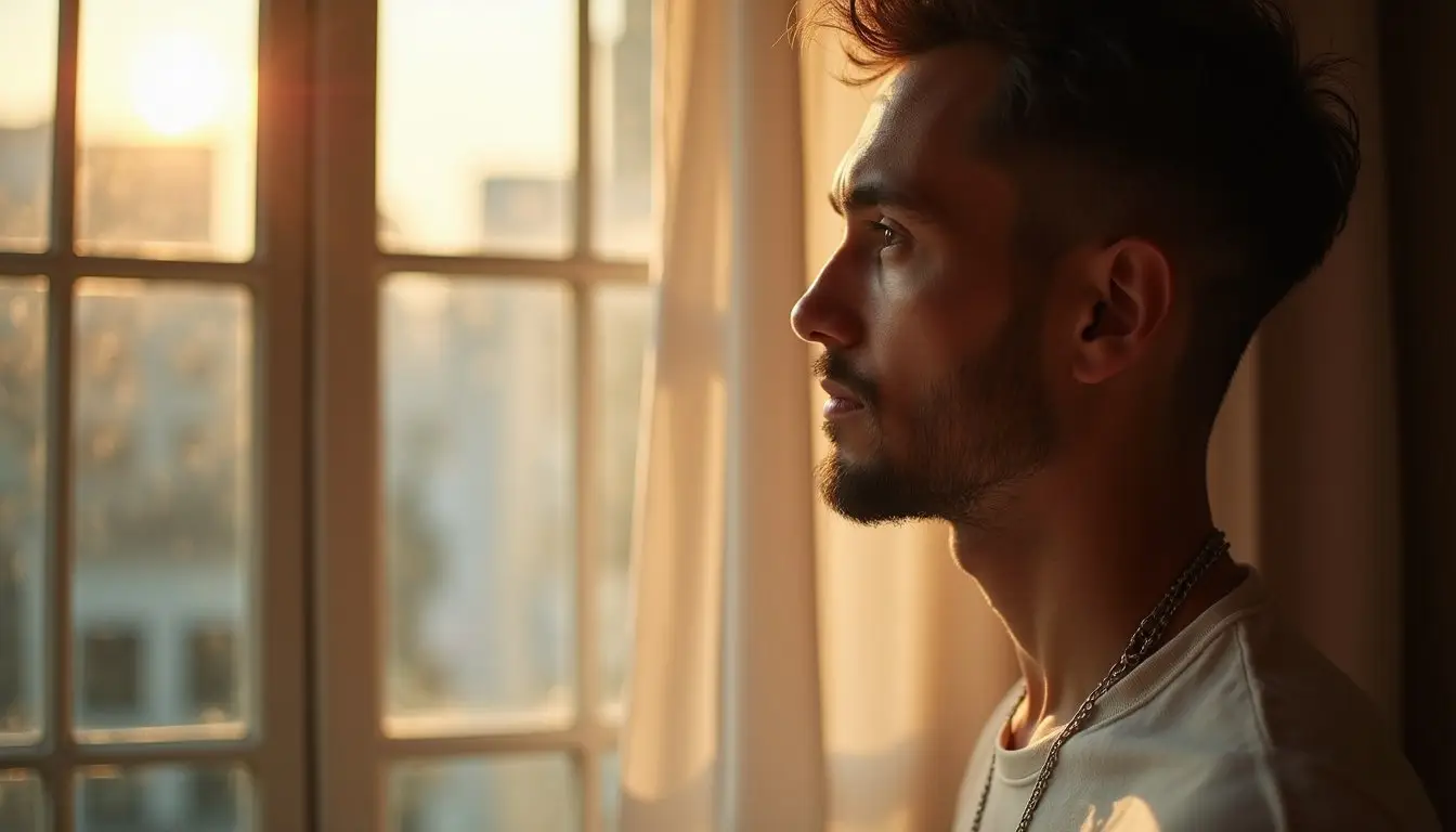Man gazing out a window in a calm residential setting
