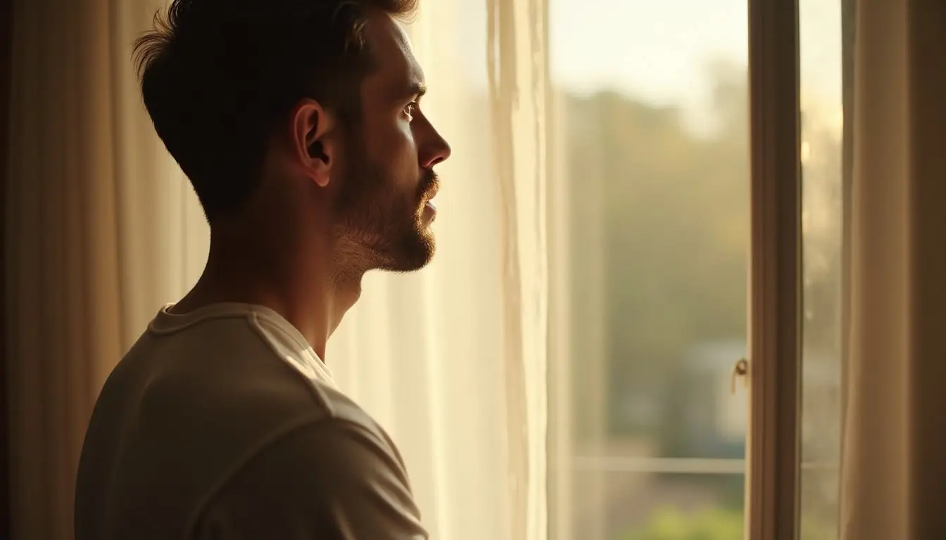 Close-up profile portrait of a man near a window with gentle sunlight
