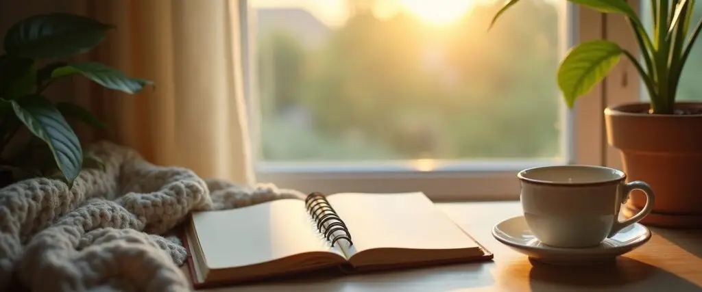 A cozy, softly lit indoor scene with a journal, tea cup, and plant by a window with morning light