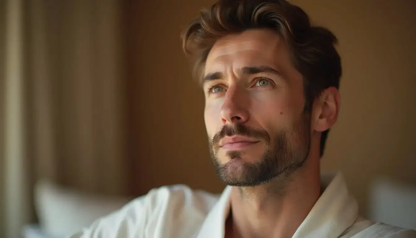 Close-up of an adult man seated in a peaceful residential space