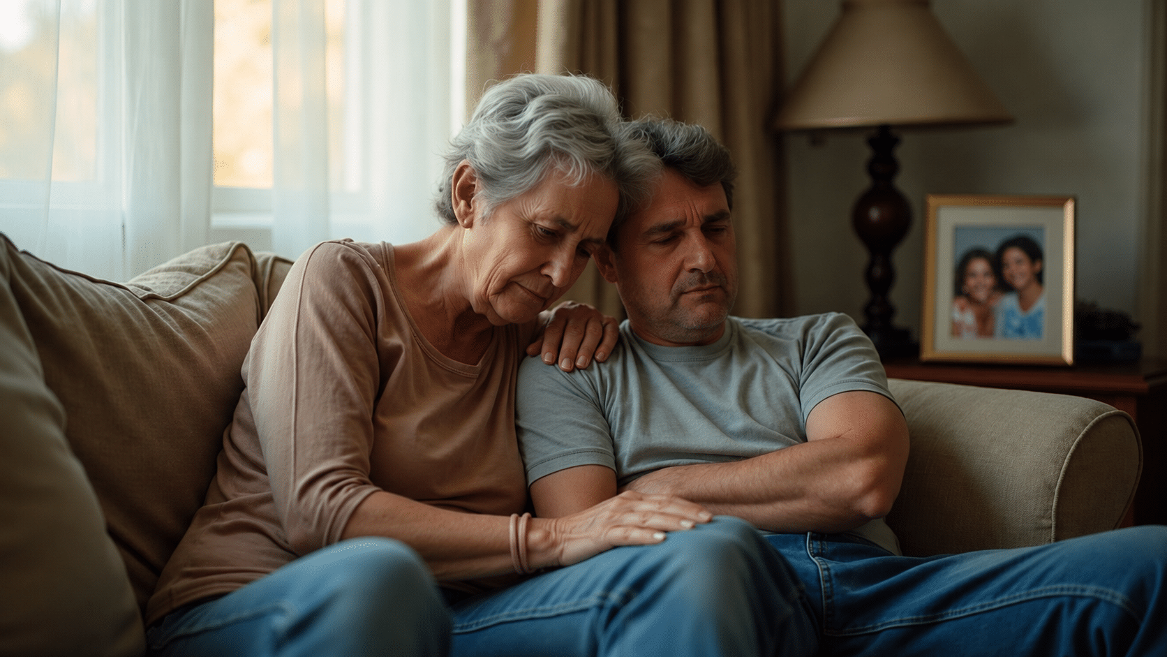 Older woman comforting a distressed middle-aged man as they sit together on a living room sofa.