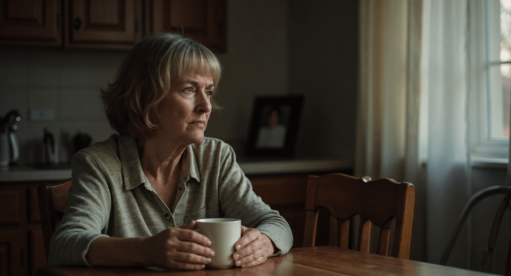 Older woman holding a mug at a kitchen table while looking thoughtfully toward the window.