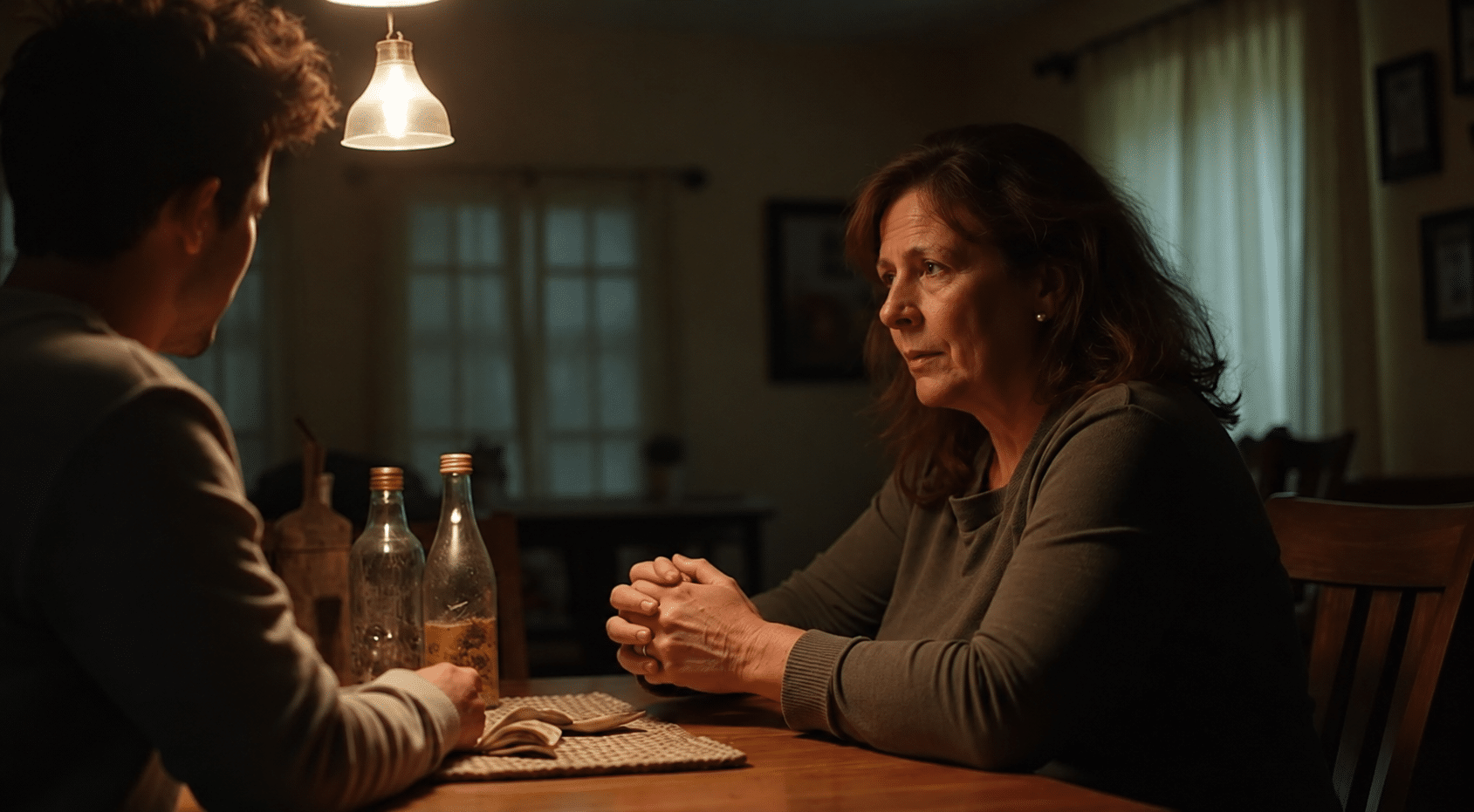 Middle-aged woman having a serious conversation with a young man at a dining table.
