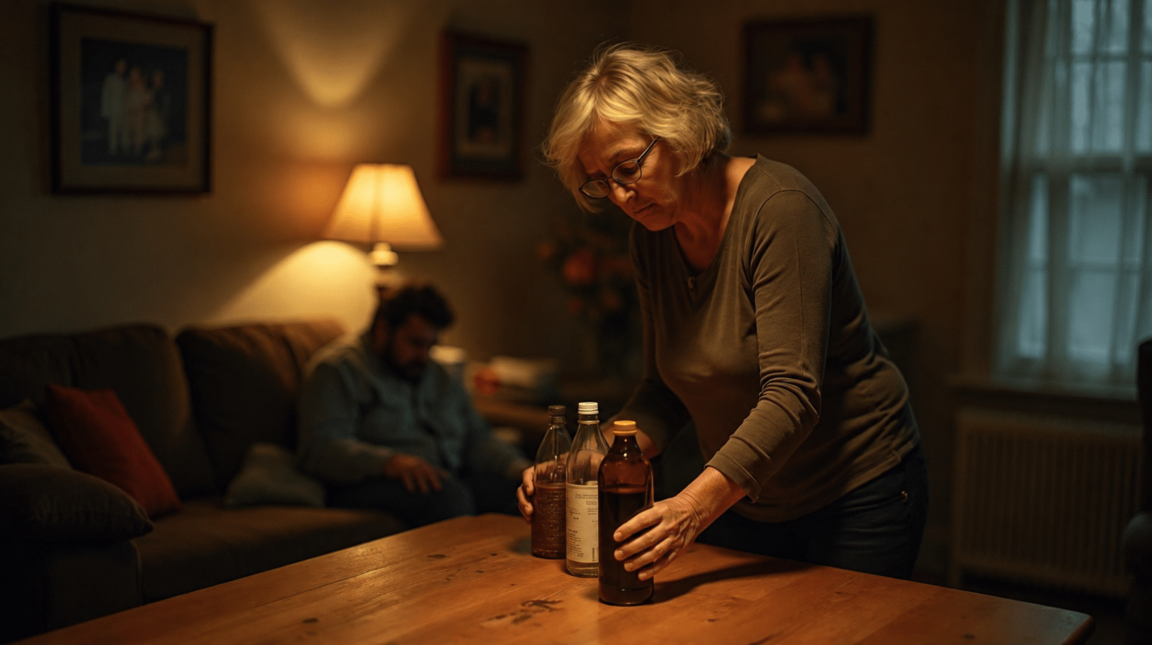 Older woman arranging bottles on a coffee table while a man sits in the background.