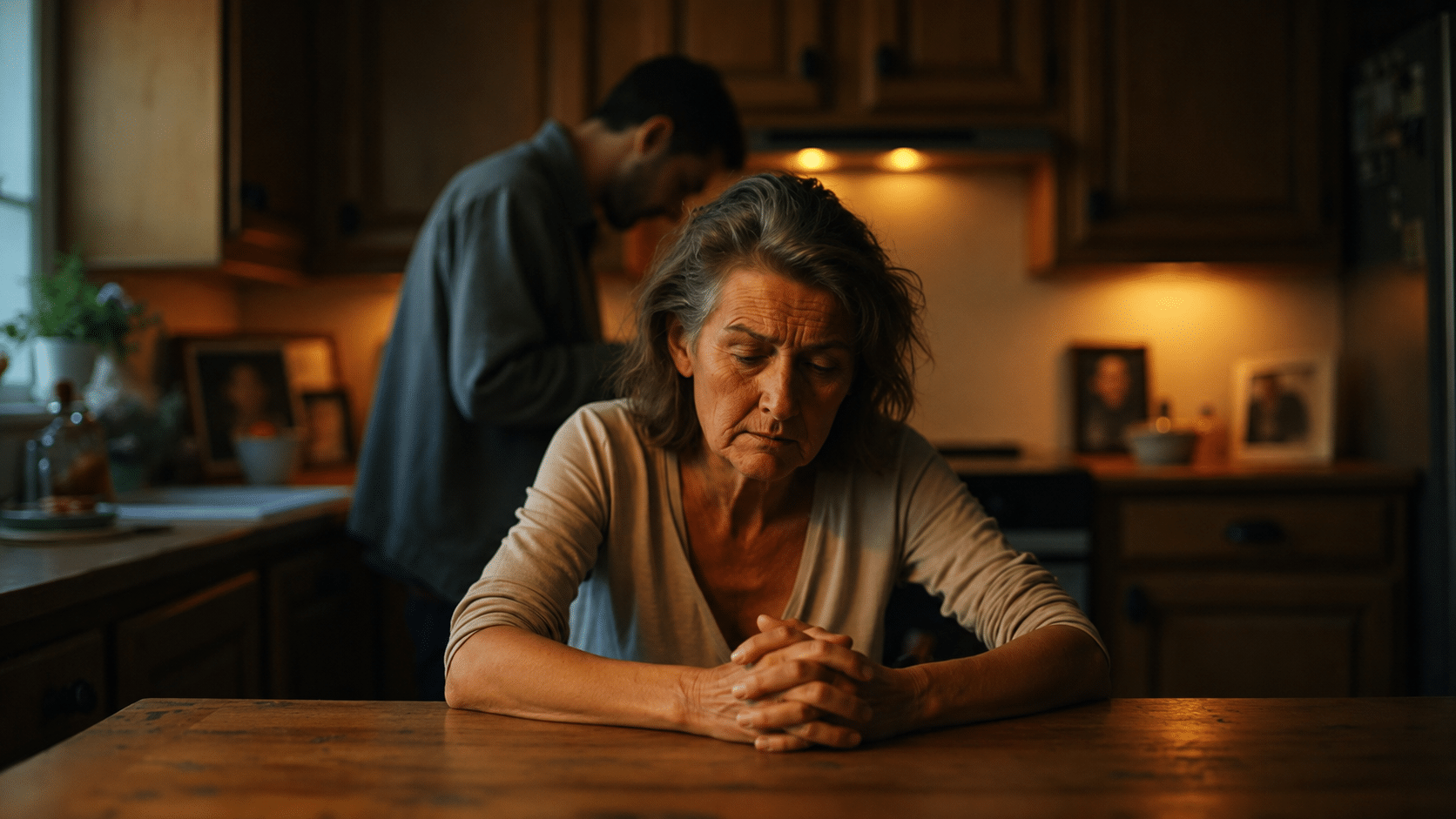 Older woman sitting at a kitchen table with clasped hands while a man stands in the background.