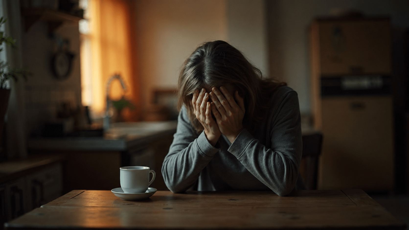 Distressed woman sitting at a kitchen table with her face covered by her hands.