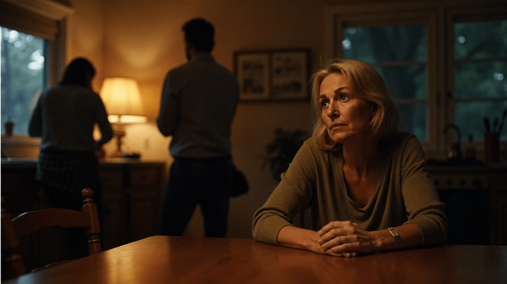 Concerned middle-aged woman sitting at a kitchen table while two family members stand in the background.