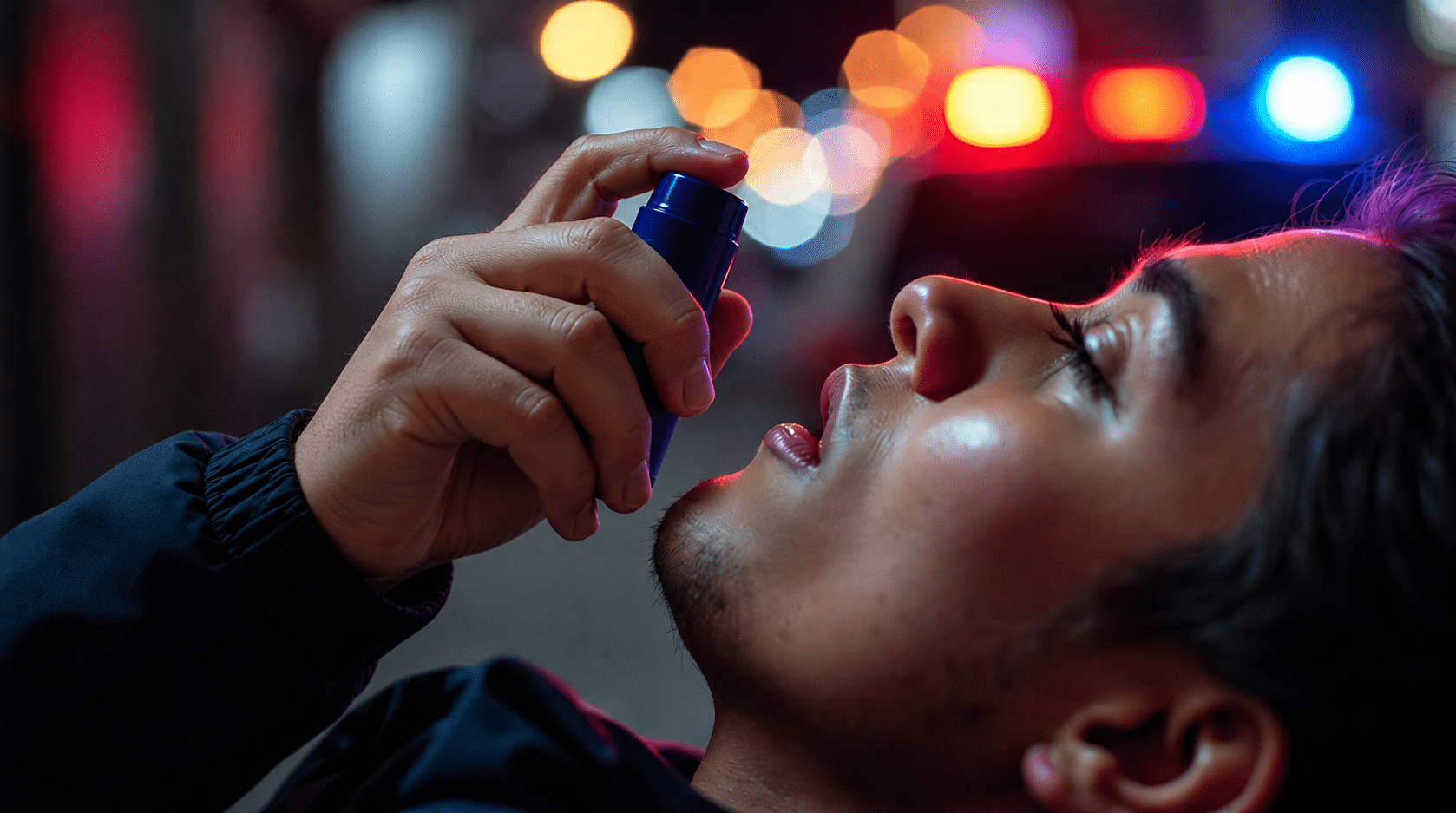 Person holding an unlabeled nasal spray near an unconscious man during an emergency.