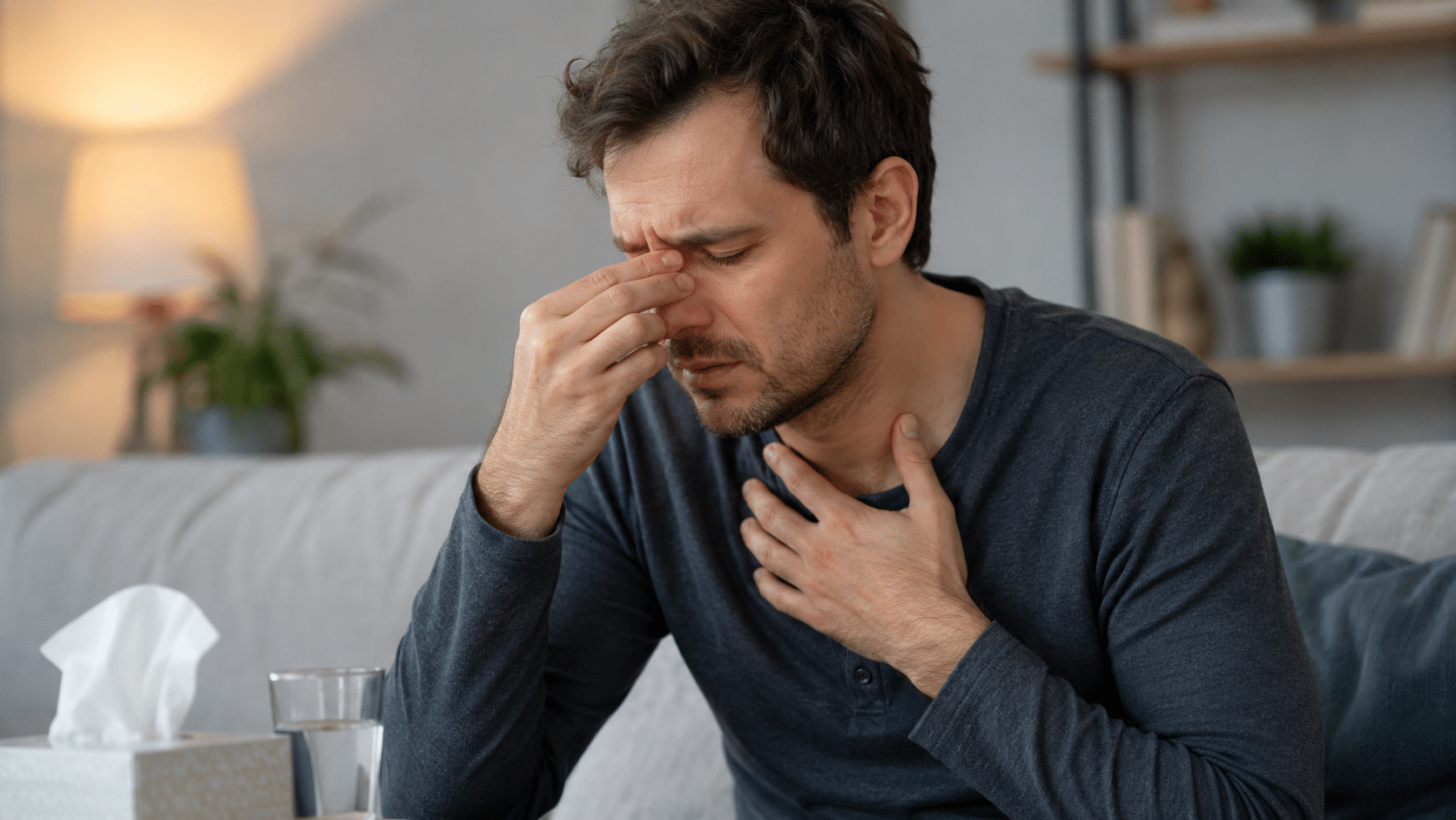 Man experiencing nasal discomfort and breathing difficulty while sitting at home.