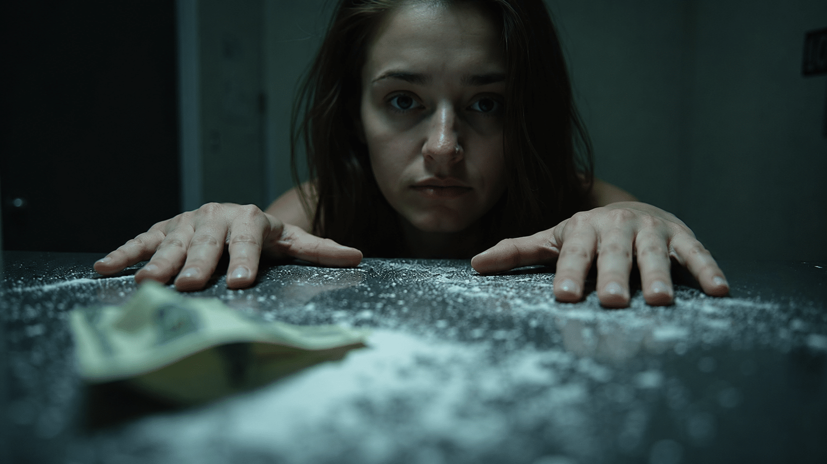 Young woman staring across a table covered with white powder and folded cash.