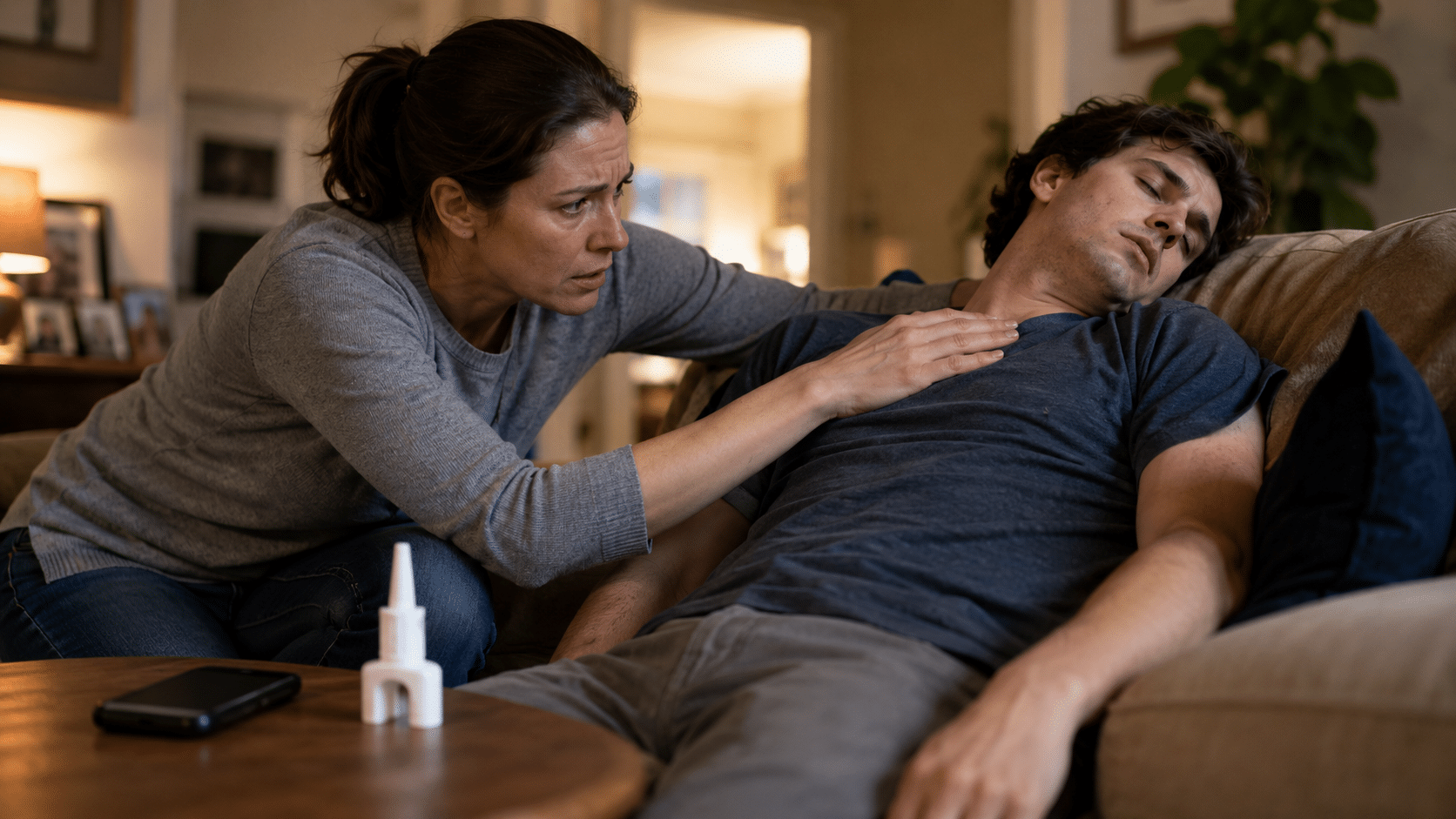 Concerned woman checking an unresponsive man on a sofa with an emergency nasal spray nearby.