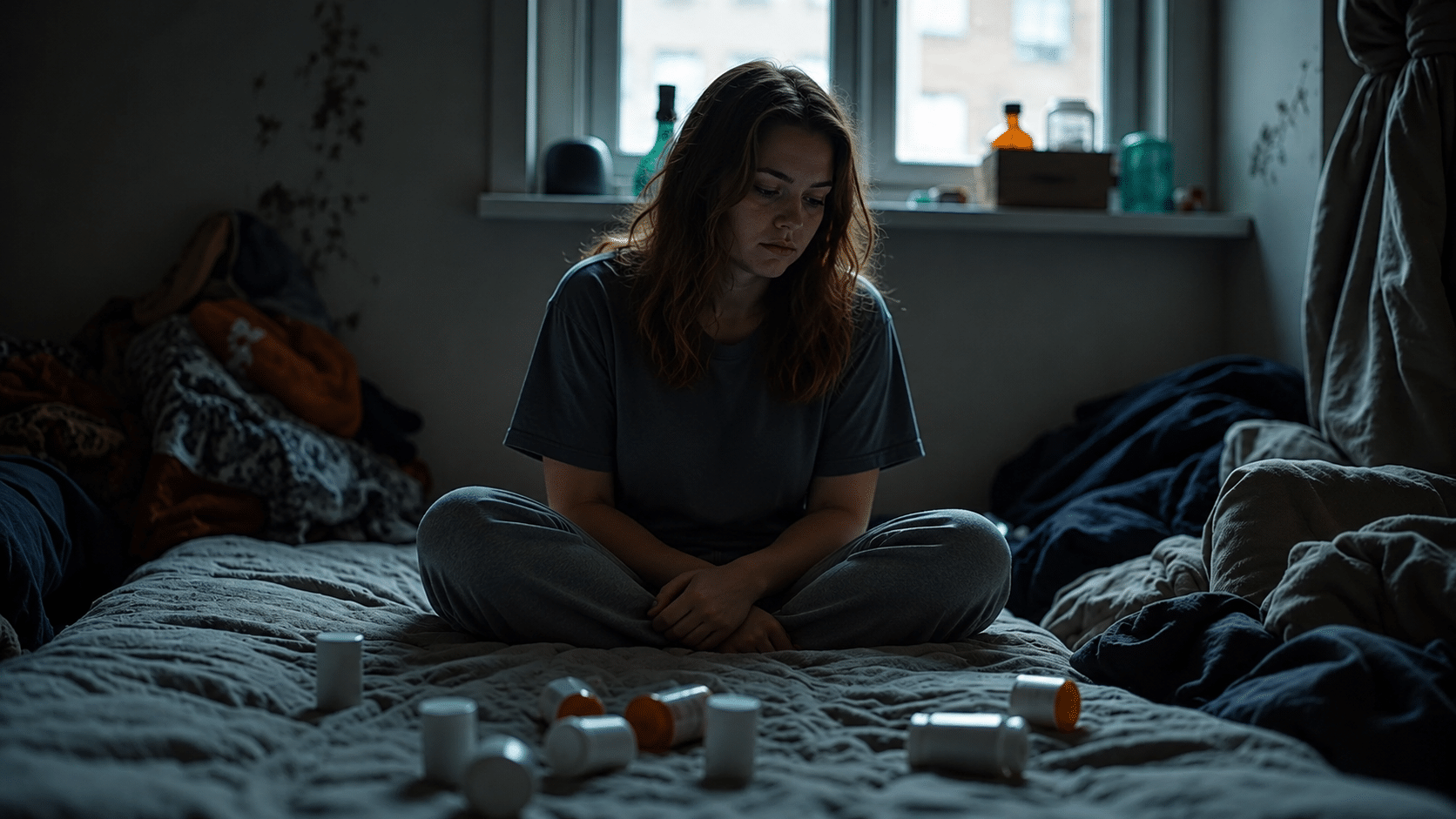 Young woman sitting cross-legged on an unmade bed surrounded by scattered medication bottles.