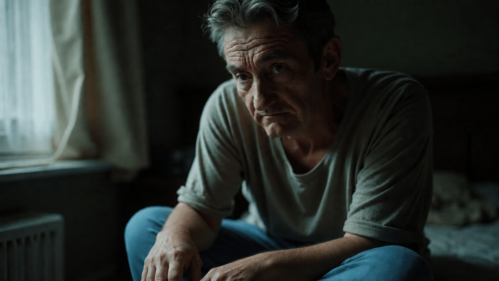 Middle-aged man sitting on a bed with clasped hands and a worried expression.