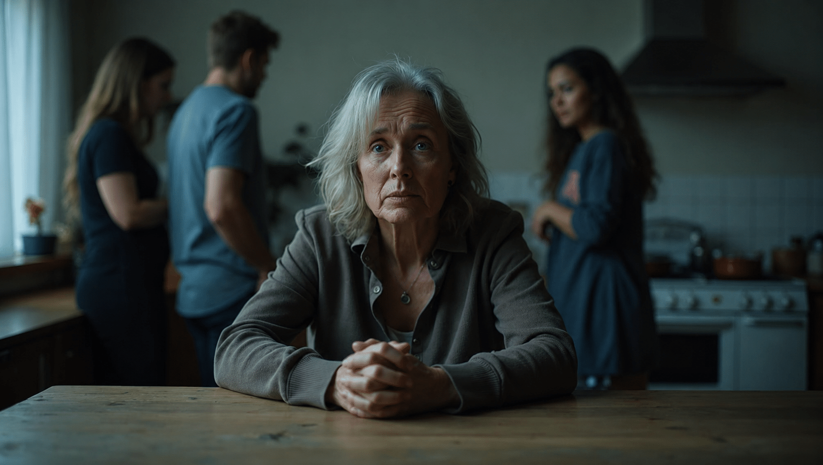 Older woman sitting at a kitchen table with clasped hands while family members stand blurred in the background