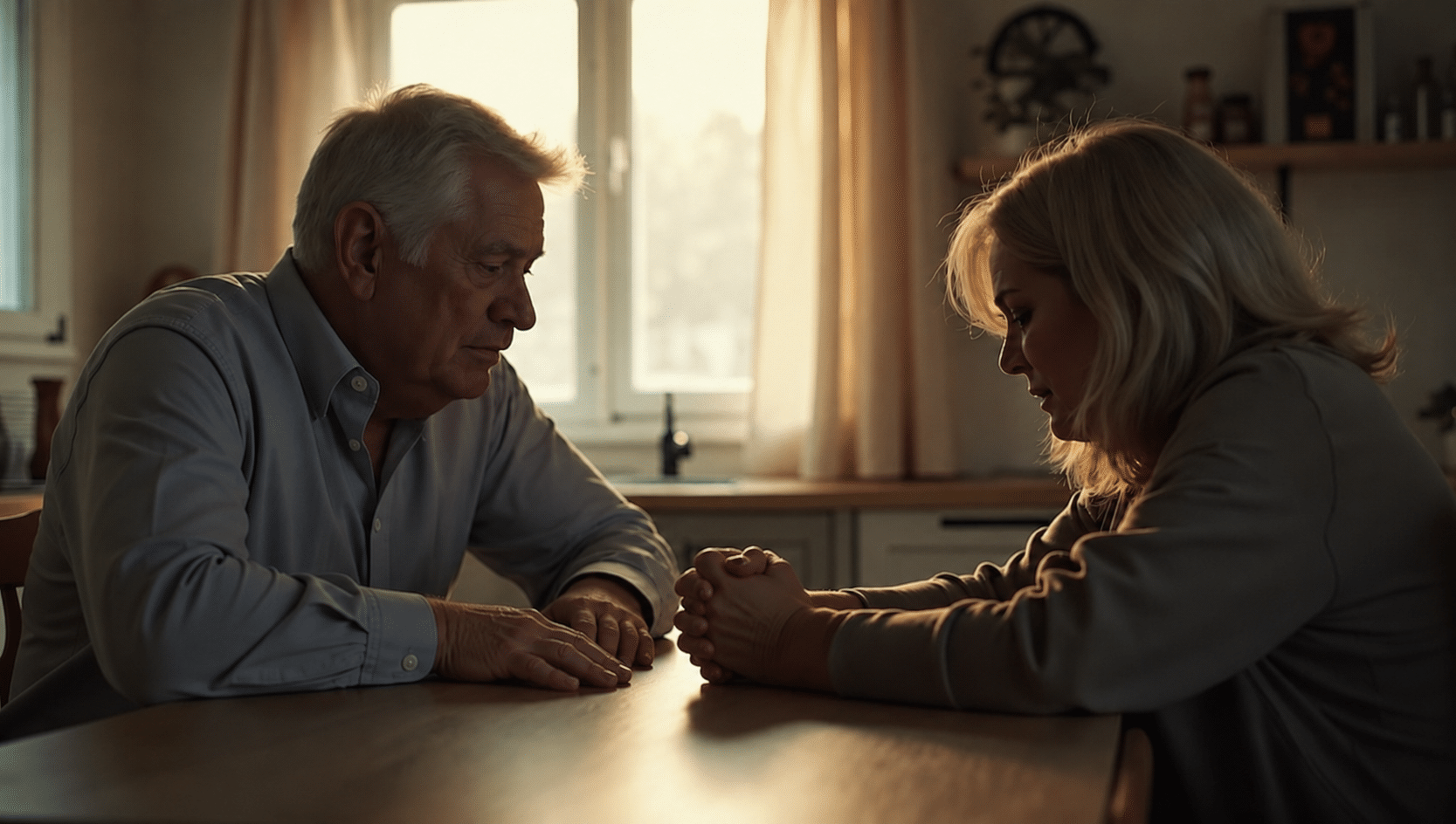 Older man with his hands resting on a table while a woman sits across from him during a serious conversation.