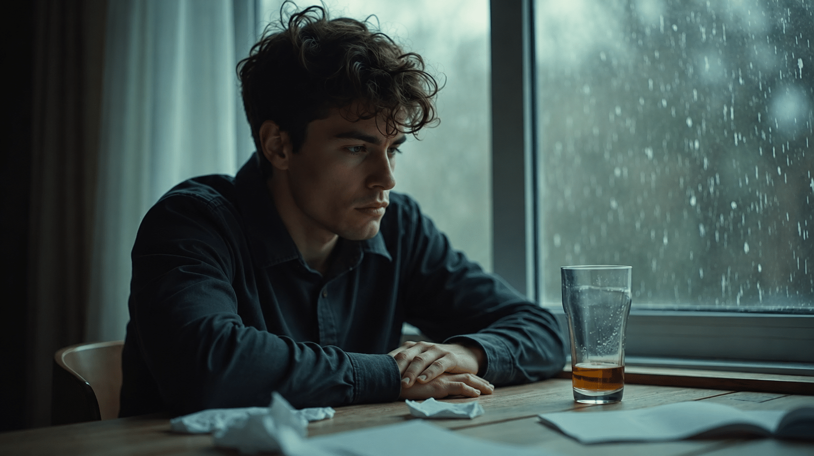 Young man sitting beside a rain-covered window with a glass of alcohol on the table.