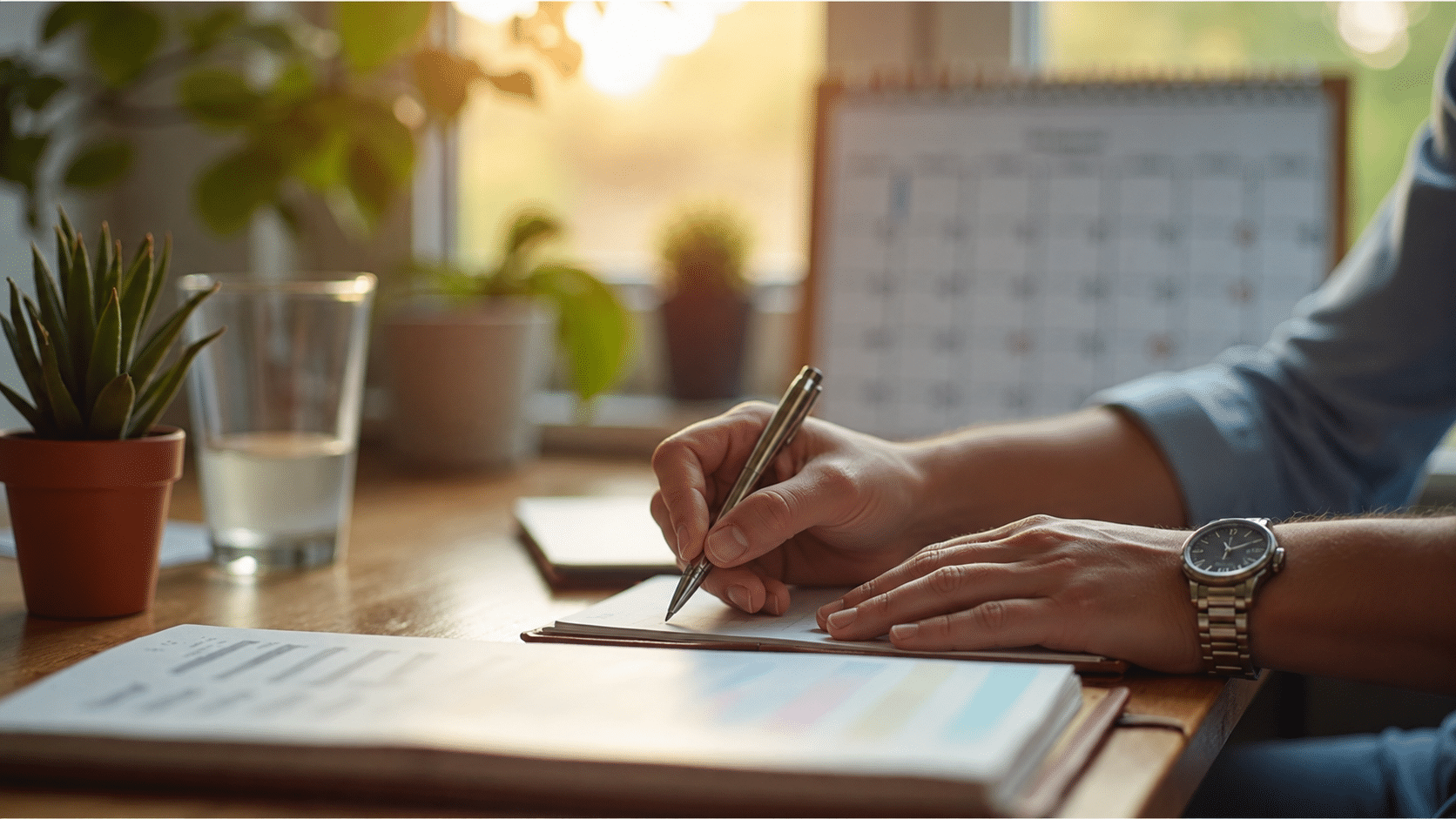 Person writing in a notebook at a desk with a calendar, glass of water, and plants nearby.