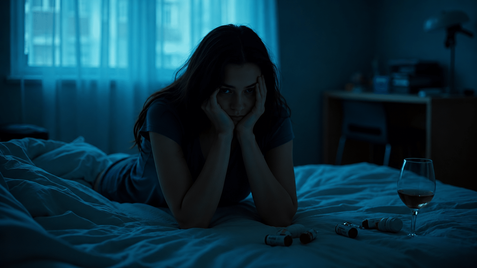 Woman Struggling With Alcohol and Medication Misuse Distressed woman lying on a bed beside prescription bottles and a glass of alcohol in a dim bedroom.