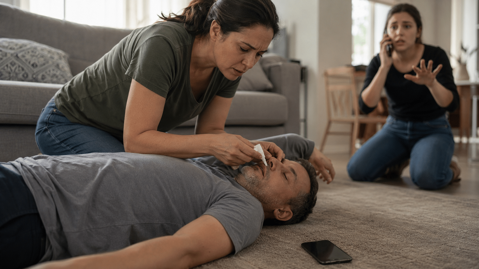 Woman administering naloxone nasal spray to an unconscious man while another person calls emergency services.