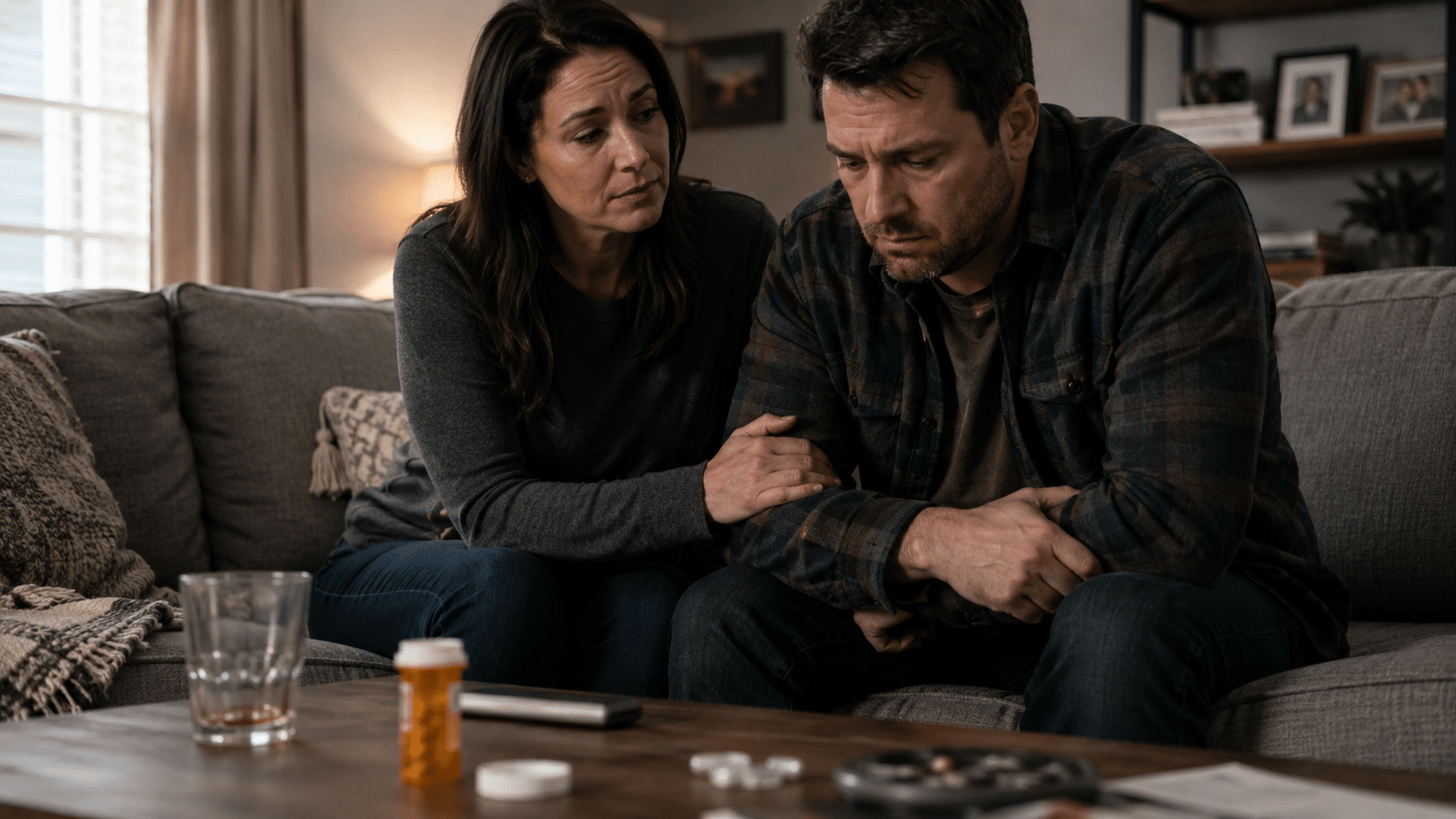 Concerned woman comforting her distressed partner on a couch beside prescription medication and an alcohol glass.