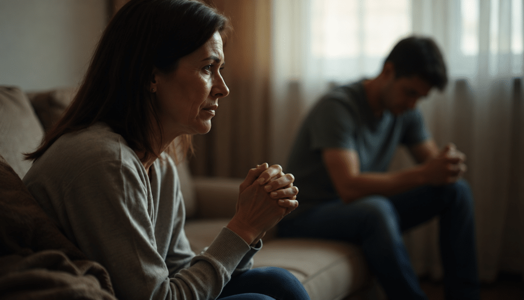 Worried woman sitting with clasped hands while a distressed man sits apart in the background of a living room.