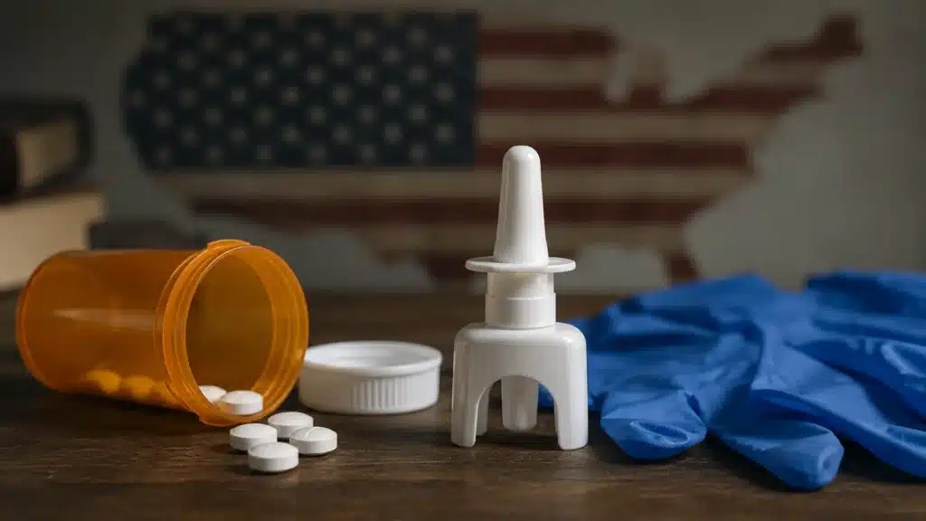 Naloxone nasal spray, prescription pills, and medical gloves displayed in front of a blurred American flag.