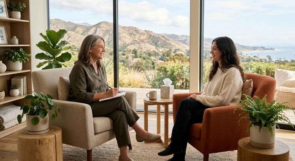 Therapist speaking with client in a bright therapy room overlooking Santa Barbara hills, indoor plants, comfortable chairs